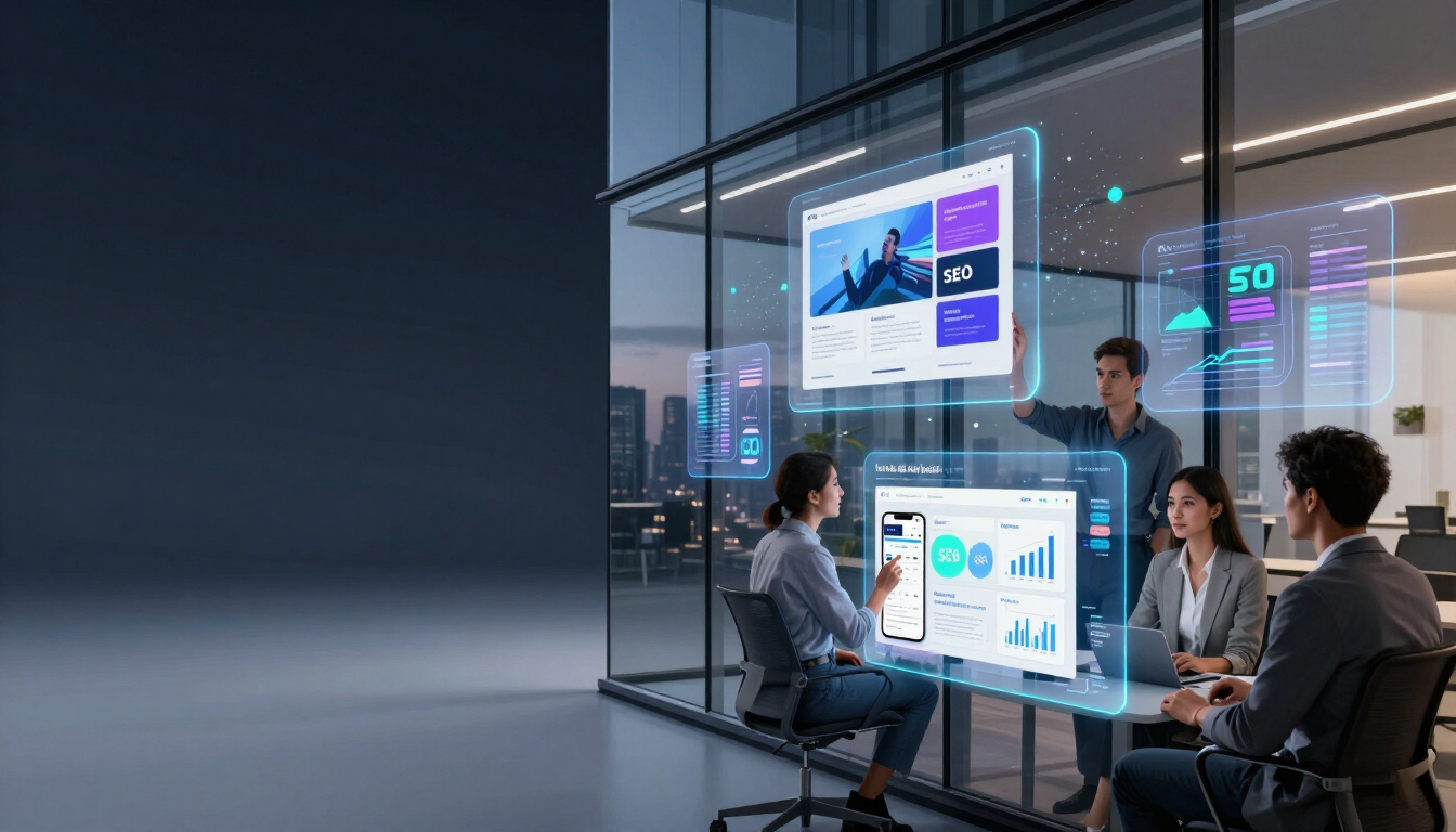Cyberweb Digital team collaborating in a futuristic glass office with holographic dashboards