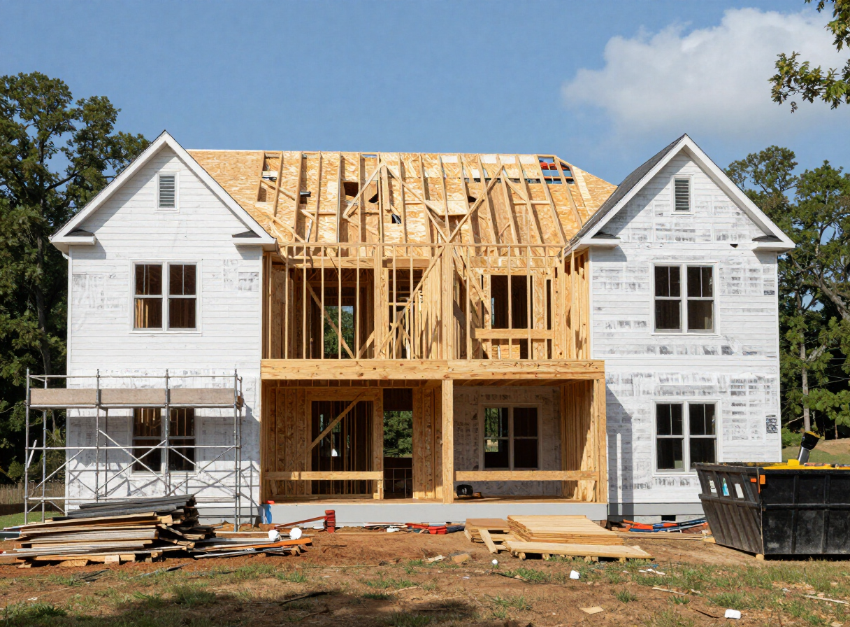 Second-story framing and roof trusses under construction on the Matthews home addition
