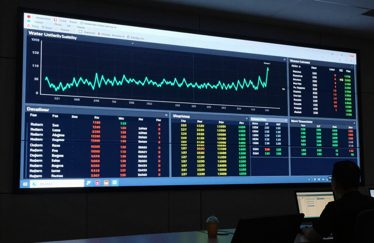 Adisra SCADA dashboard showing environmental sensor trends and alarms on a control-room screen