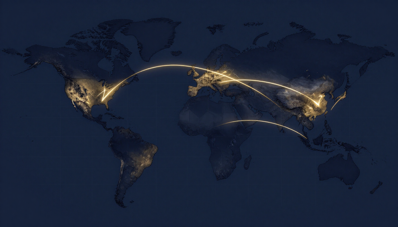 World map with golden trade routes connecting continents