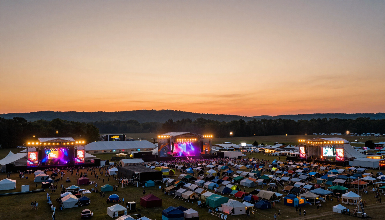 Aerial view of Bonnaroo Music & Arts Festival with stages, lights and campgrounds at sunset