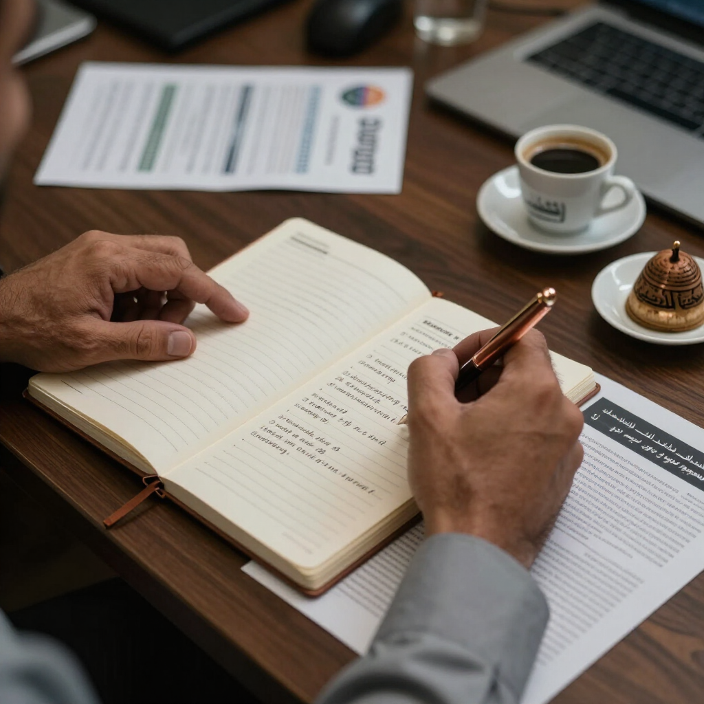 Strategy notes in a linen-bound notebook beside a copper pen and Arabic coffee