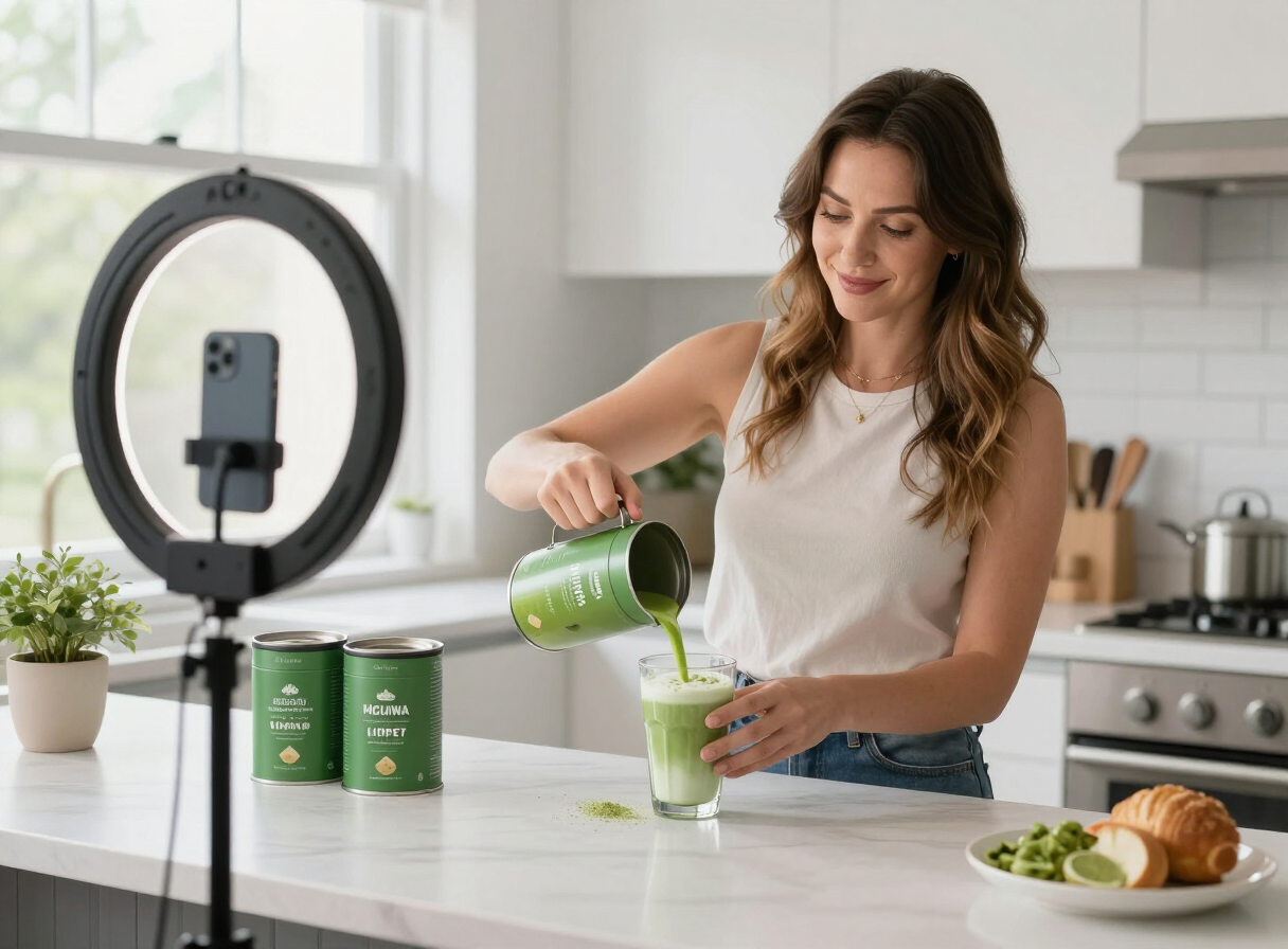 Lifestyle influencer filming a product recipe reel in a kitchen