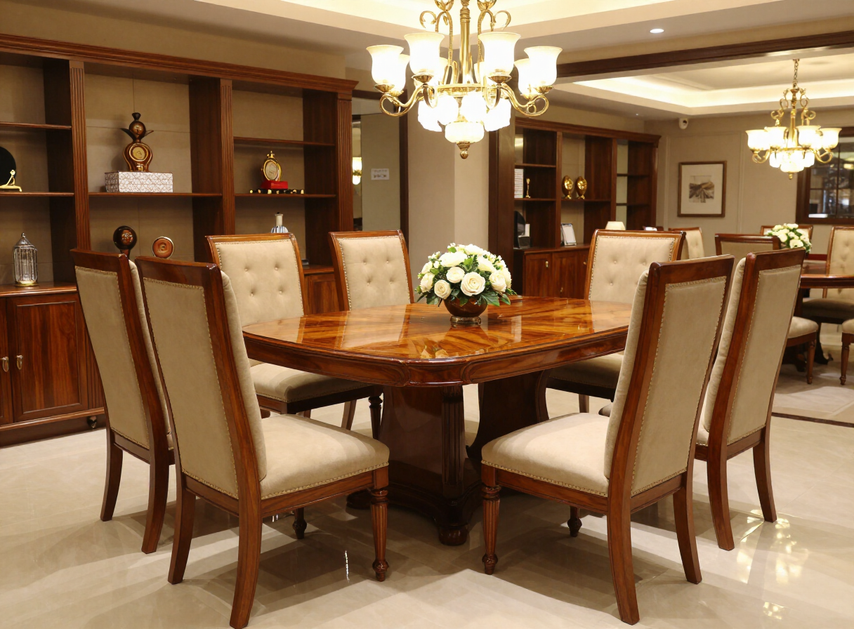 Grand eight-seater luxury teakwood dining table set with high-back chairs