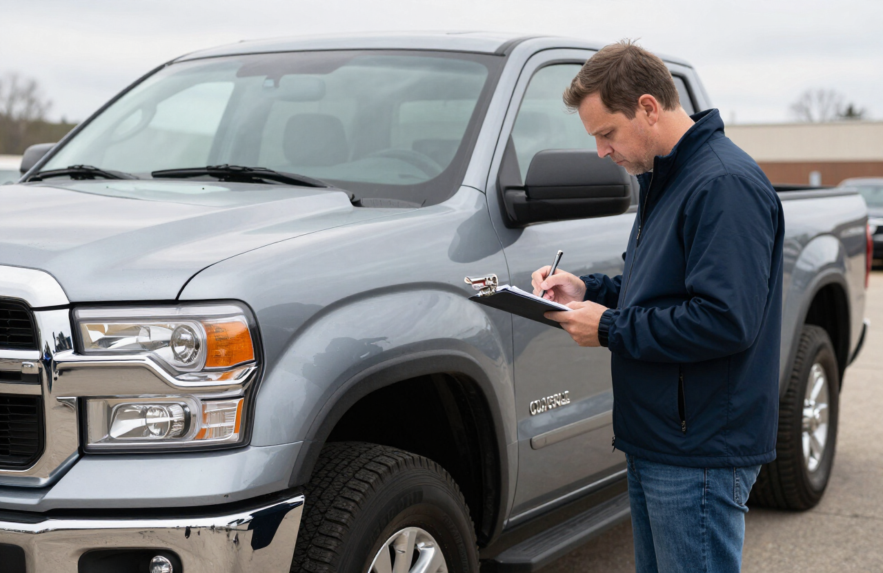 A buyer taking notes on a clipboard while inspecting a used pickup truck at a dealership lot