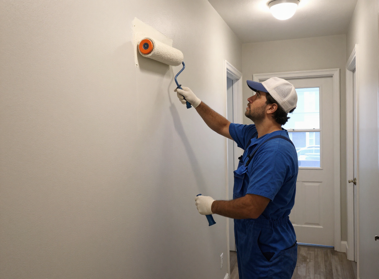 Mildew-resistant primer application in a West New York apartment hallway