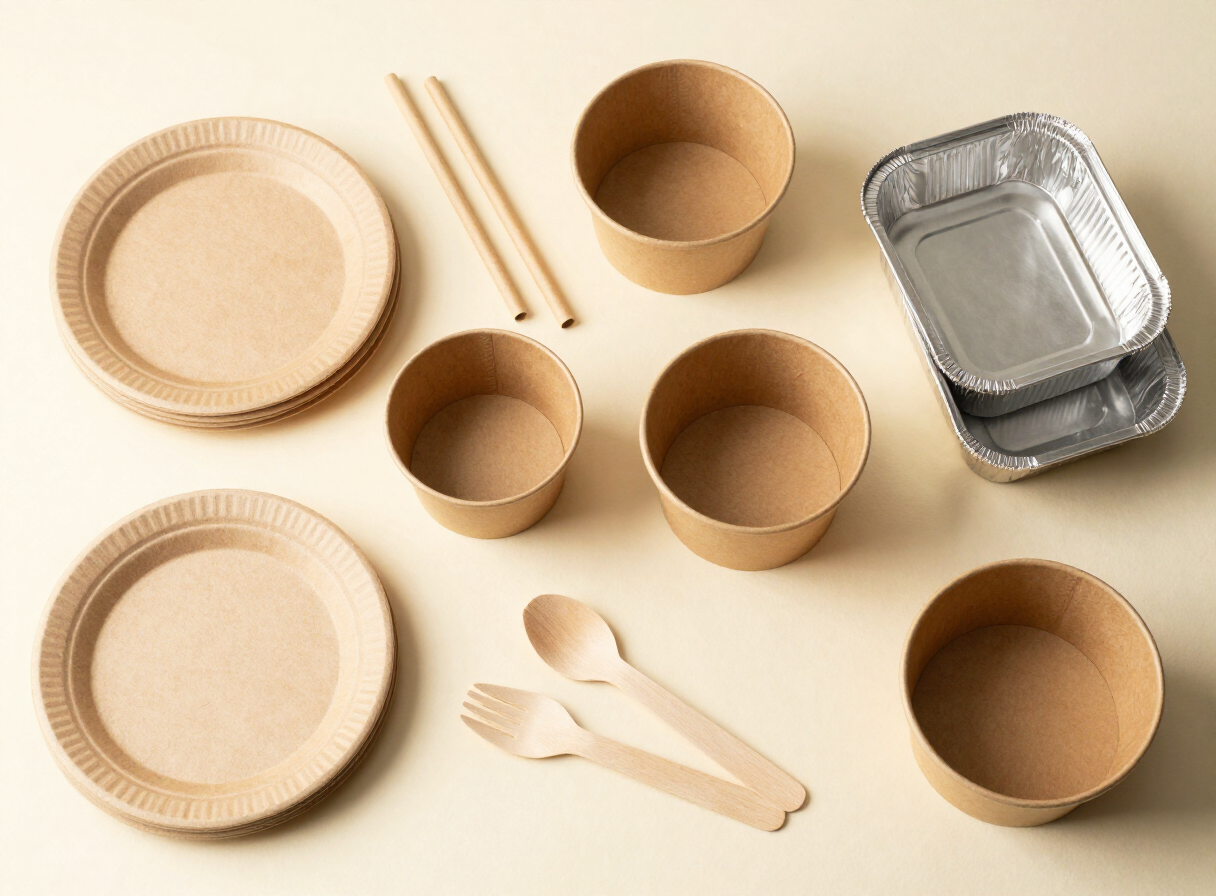 Kombinasi berbagai kemasan makanan eco-friendly: bagasse, kraft paper, paper straw, cutlery kayu, dan aluminium foil