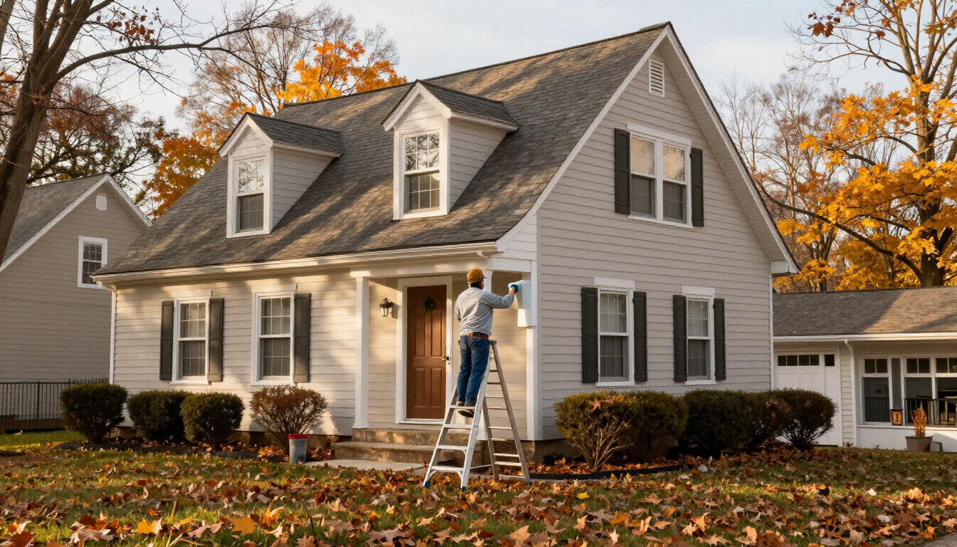 A painter brushing trim on a Wood-Ridge NJ home on a crisp mild fall day