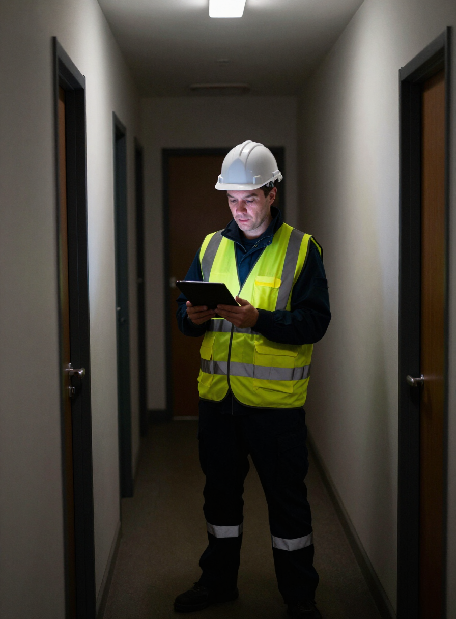 Corevia Group engineer in hi-vis reviewing a survey on a tablet