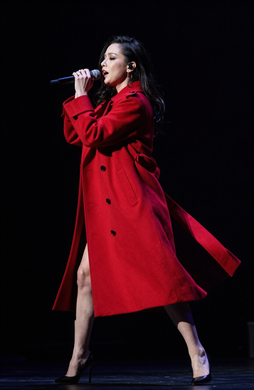 Female vocalist turning with a long red coat flowing through crimson stage light