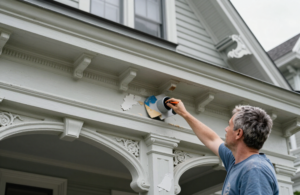 Surface preparation on a Rutherford NJ Victorian home exterior with painter scraping loose paint