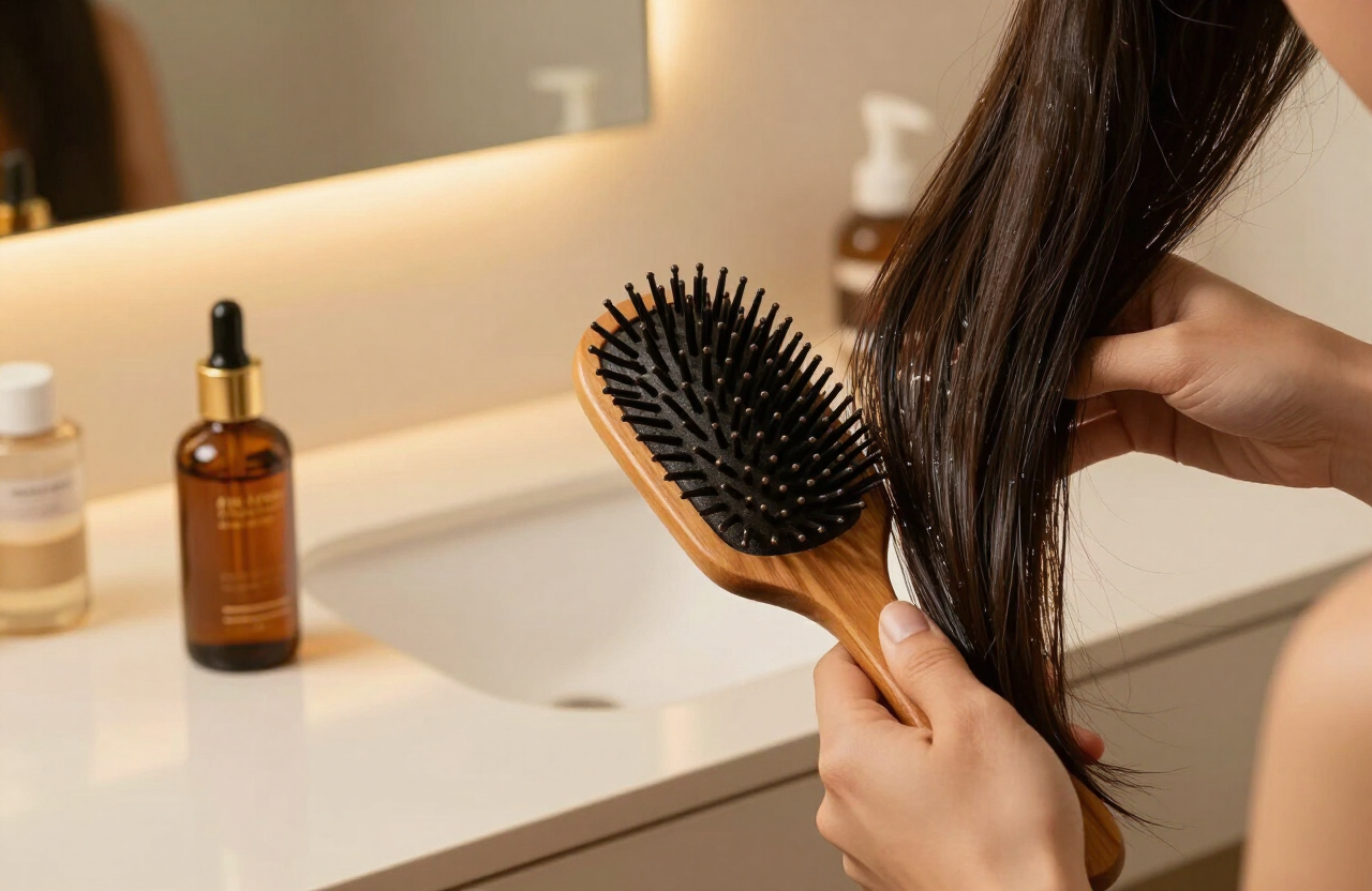 Glossy dark hair brushed beside amber hair oil bottles on a cream vanity