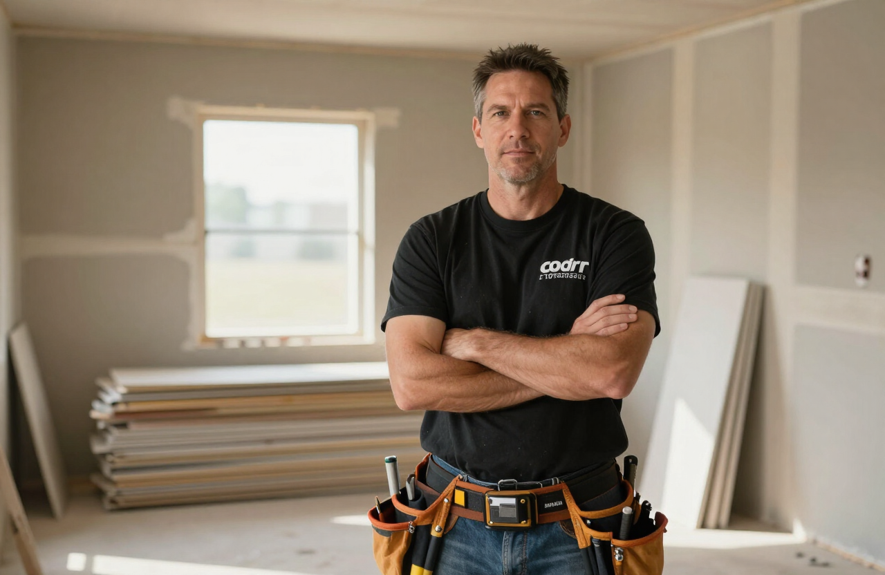 Crew lead of Drywall Authority standing in a half-finished room with stacked drywall sheets