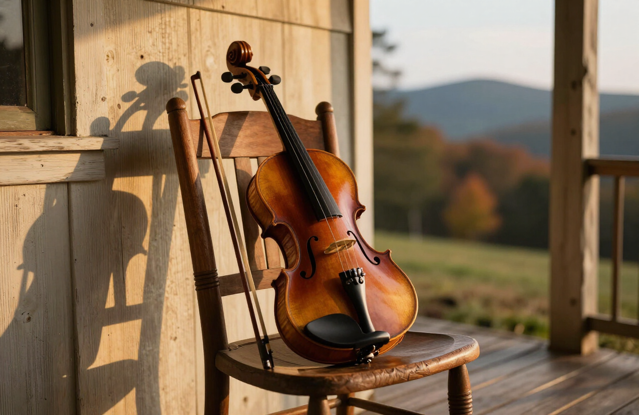 Vintage open-back fiddle and bow on a rustic Appalachian porch in Southwest Virginia at golden hour