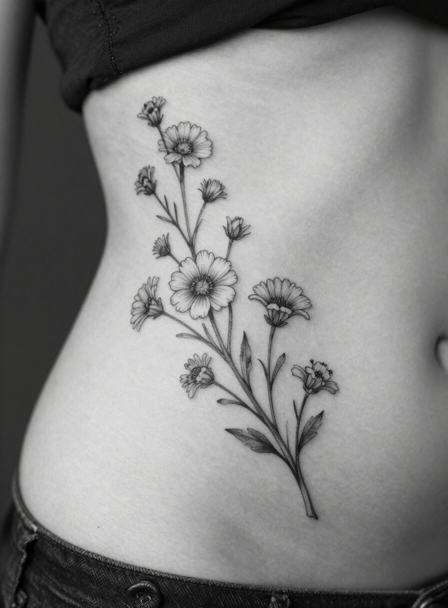 Delicate wildflower tattoo trailing along a woman’s waist