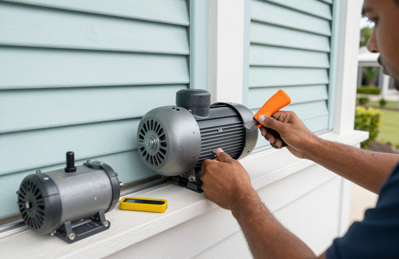 Technician servicing a hurricane shutter motor on a Nassau, Bahamas home