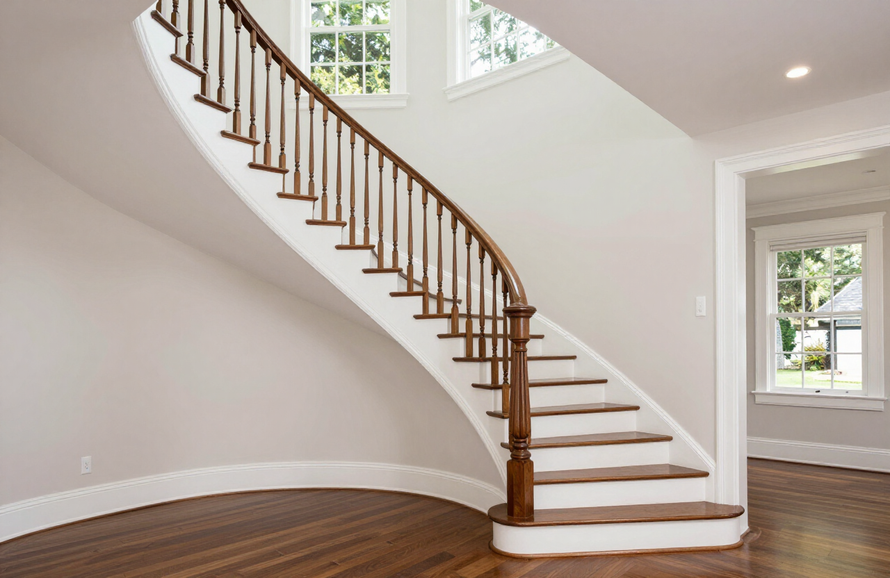 Illustrative grand foyer with curved staircase, detailed balustrade, and freshly painted trim in an Englewood NJ estate