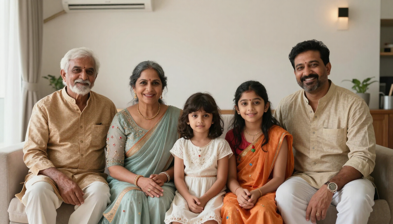 Multi-generational Indian family together in their living room
