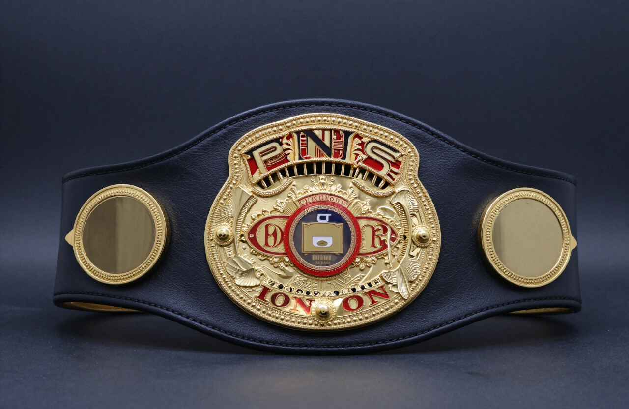 Gold championship belt on a black leather strap