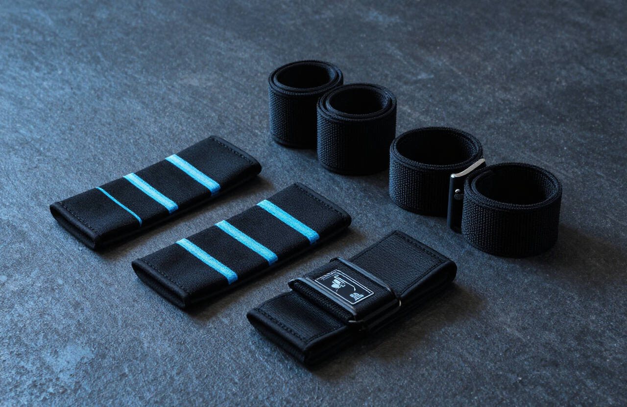 Black and light blue wrist wraps and lifting straps