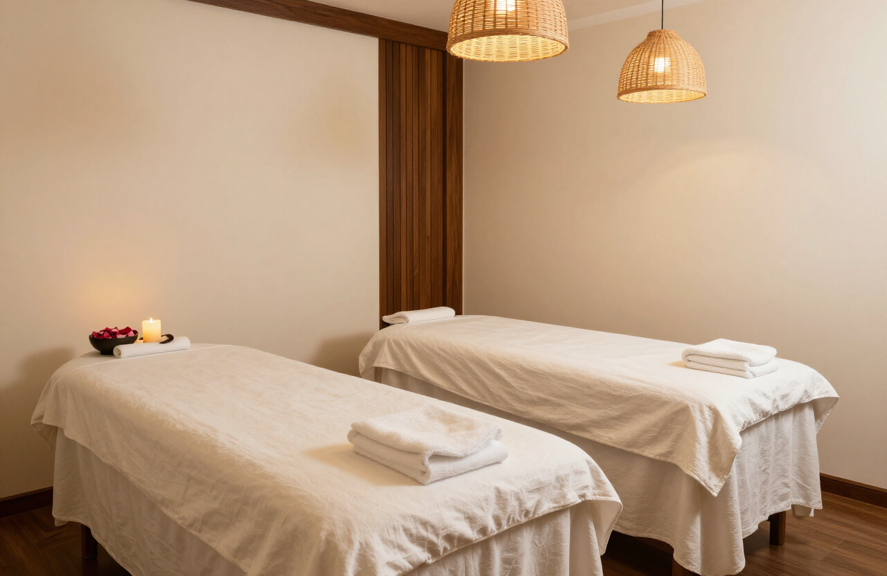 Private couples massage room with two linen-dressed tables and candlelight at Almira Spa, Kilimani, Nairobi