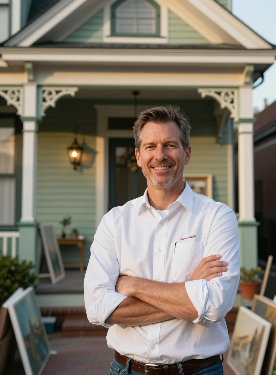 The owner of Painting R Us in front of a freshly painted heritage-green porch