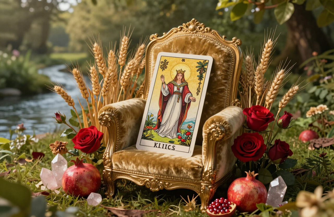 The Empress tarot card resting in a lush garden setting with golden wheat, red roses, pomegranates, and rose quartz crystals in warm golden light