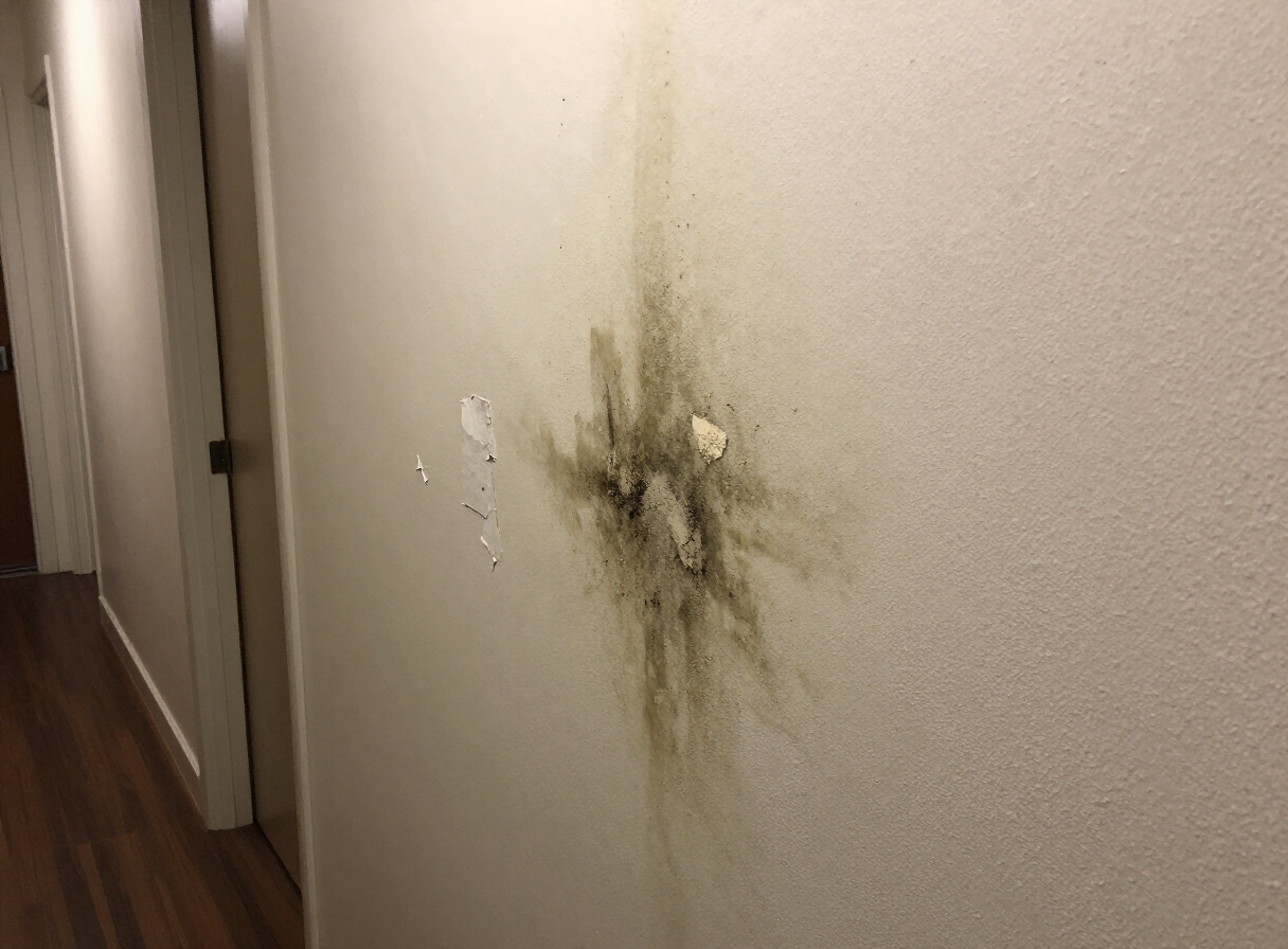 Common area mold and mildew damage in a West New York apartment hallway