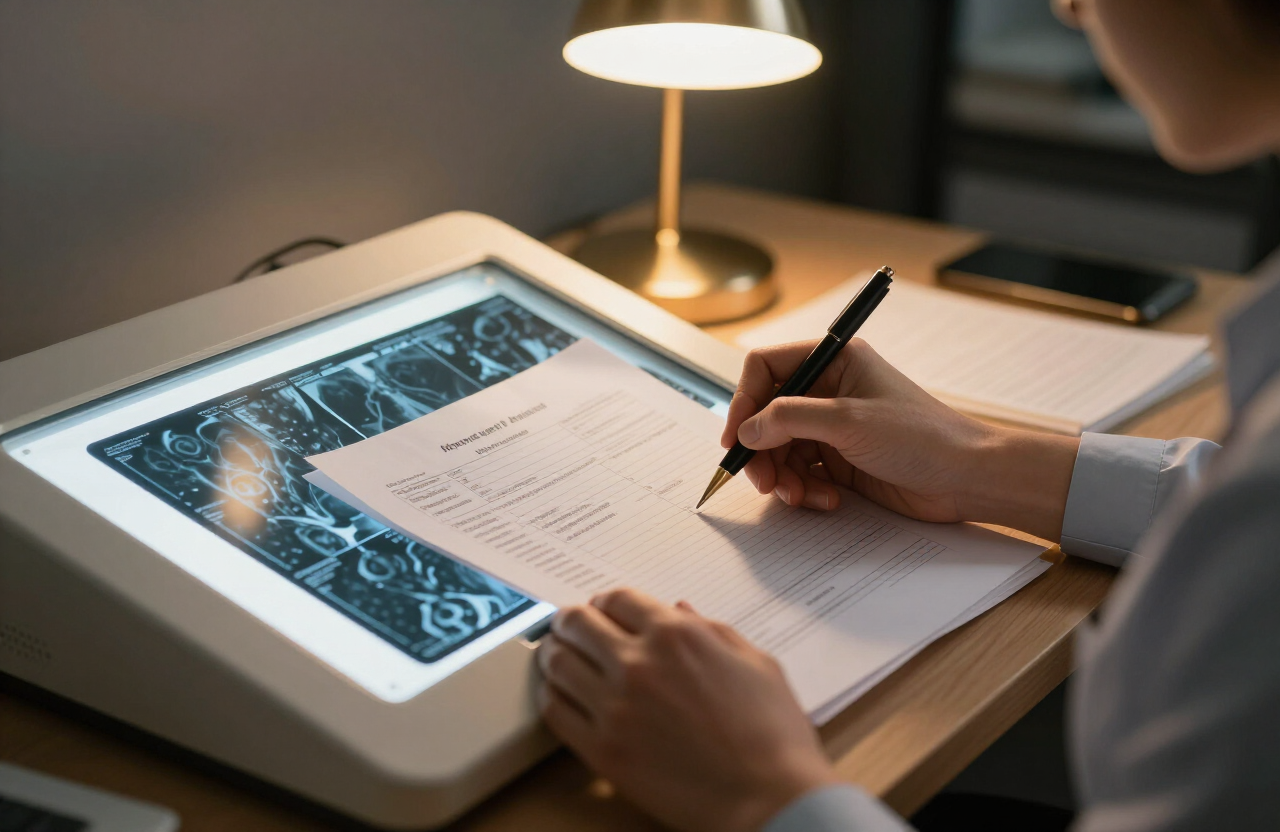 Paralegal annotating medical records and imaging under a warm desk lamp