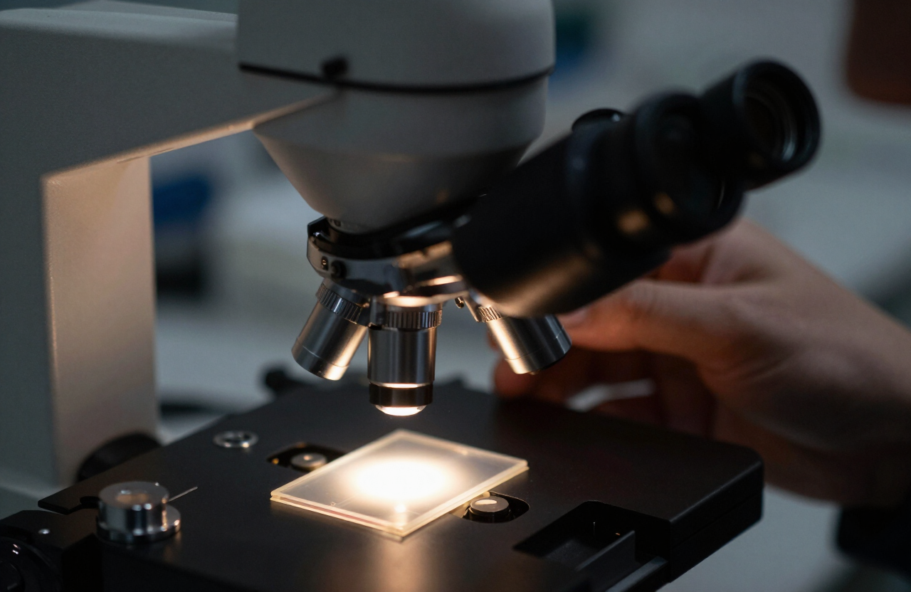 An eye at the darkfield microscope, the slide lit.