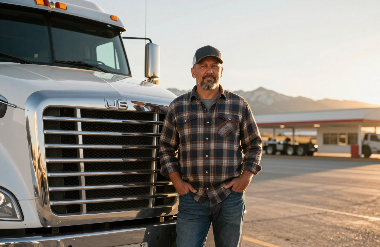 Owner-operator standing beside his semi truck at golden hour