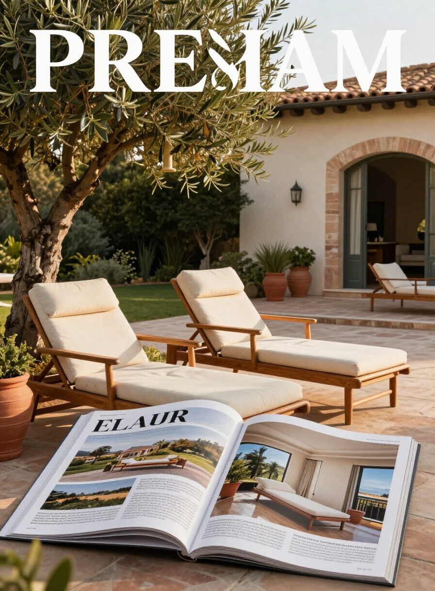 Elegant outdoor patio with teak lounge chairs, terracotta pots, and an olive tree