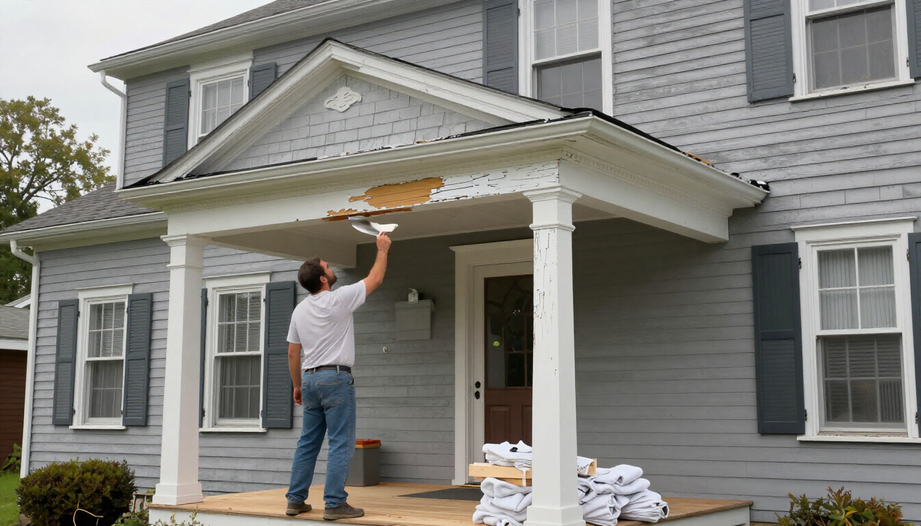 Illustrative image of exterior painting preparation on an older wood-sided colonial home — scraping, sanding, and spot priming. Not a specific Englewood project.
