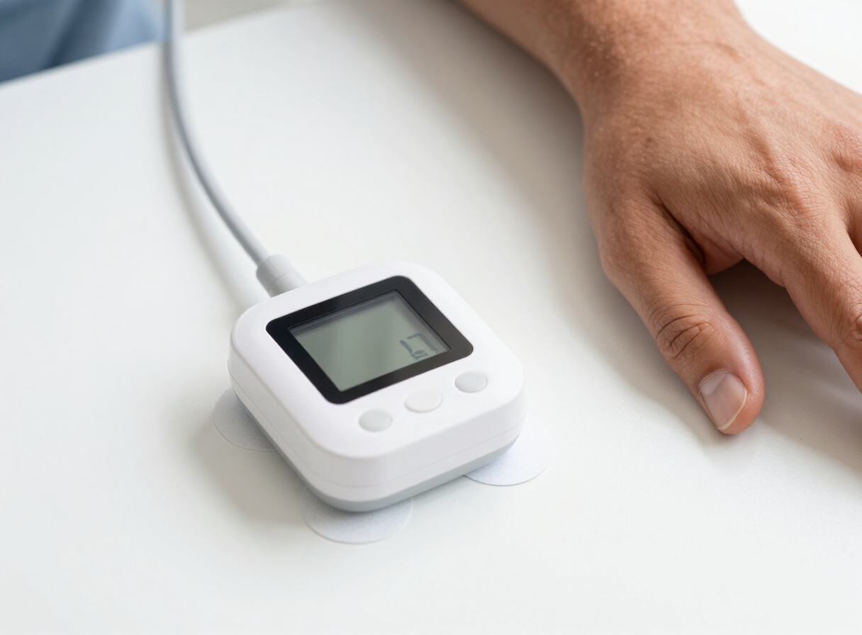A small wearable Holter heart monitor device with sticker electrodes on a clean surface.