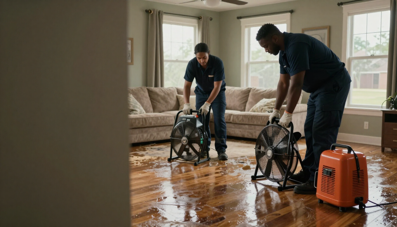 Restoration crew extracting water from a flooded living room