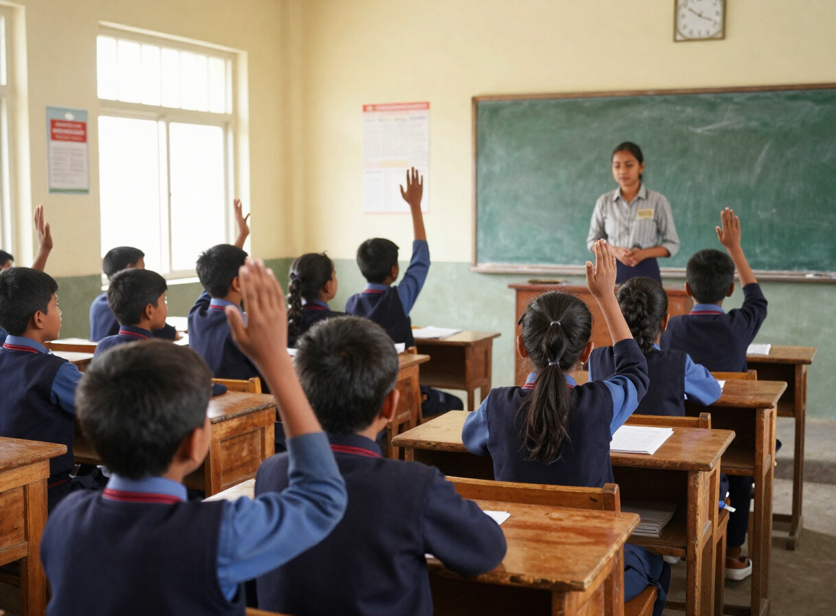 Primary students raising their hands in a classroom at Himali English Boarding School