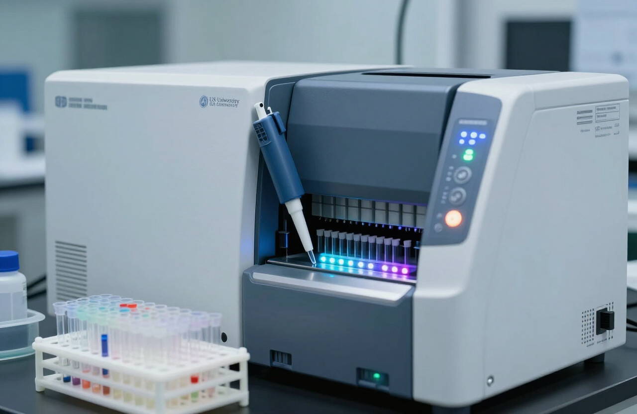 DNA sequencing machine with sample tubes and pipettes in a genomics laboratory
