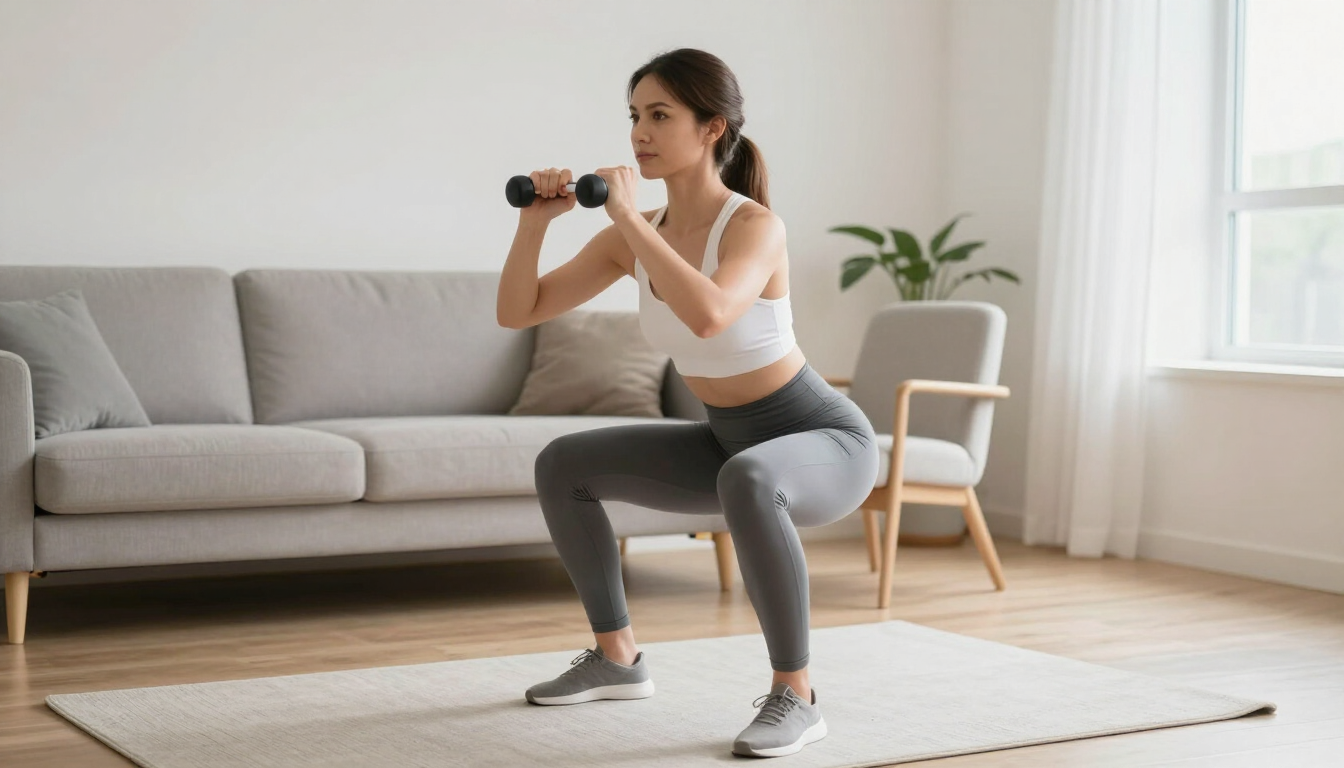 A woman doing a bodyweight chair squat at home in a bright living room.