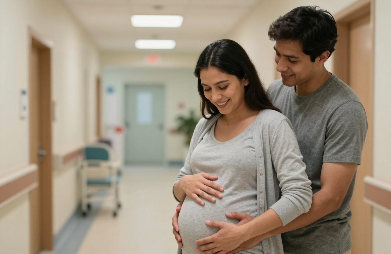 Mujer embarazada de 40 semanas acompañada de su pareja en el hospital antes del parto