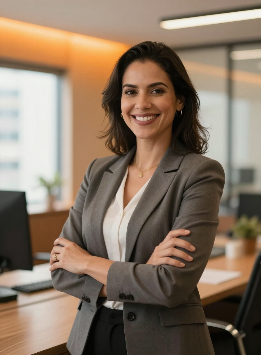 Corretora de imóveis sorrindo, pronta para atender novos leads