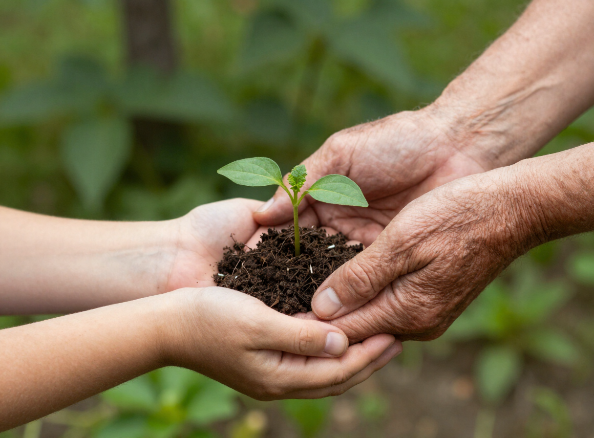 Hands passing a seedling