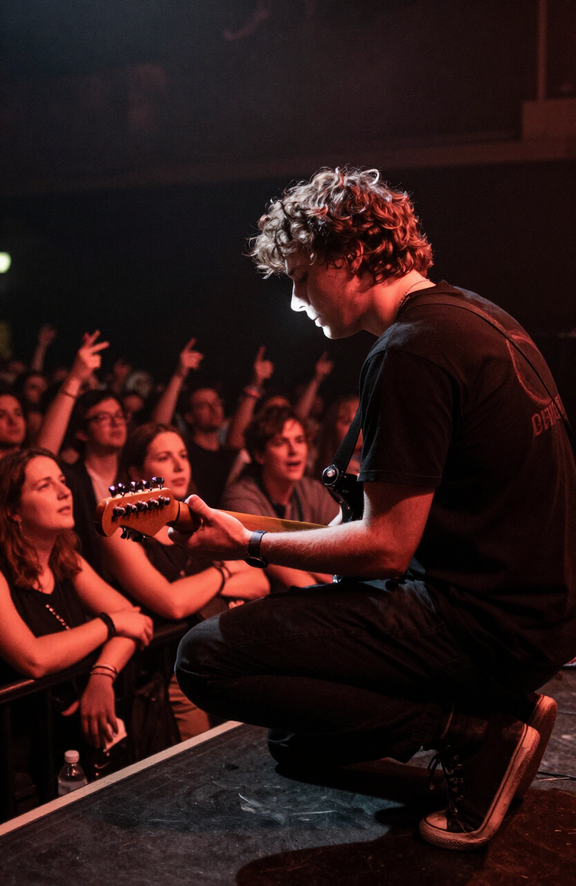 Guitarist crouched at the edge of the stage with fans inches away