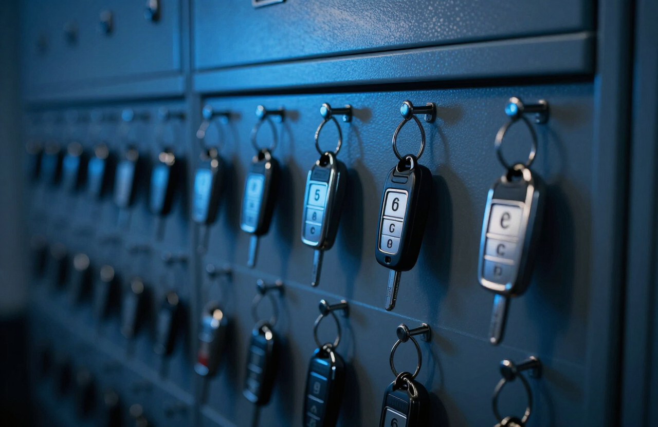 Numbered, tagged vehicle keys secured in the dispatch key cabinet