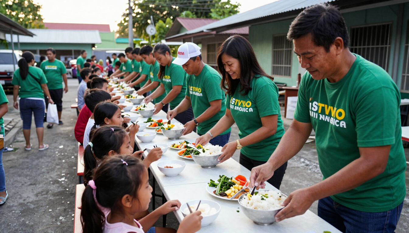 Volunteers serving warm meals to children at a community feeding program