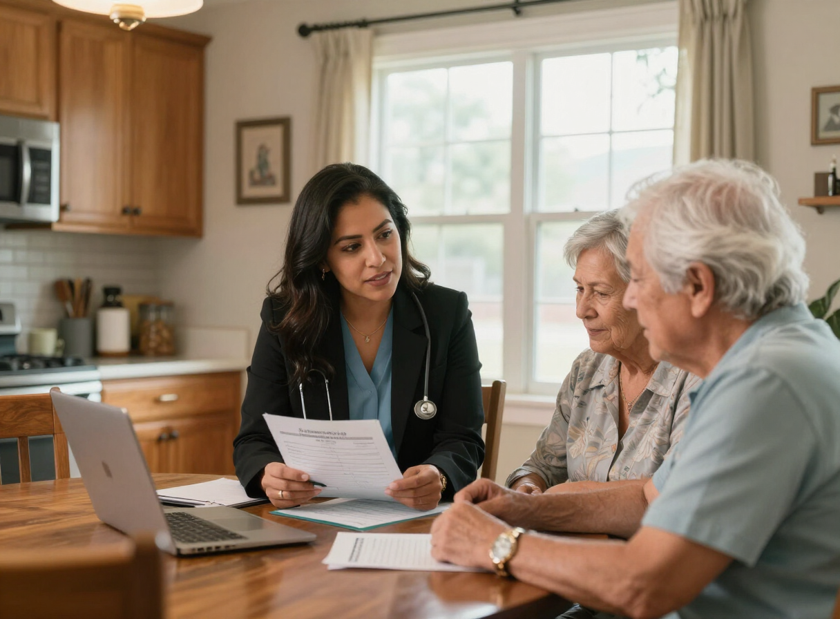 Healthcare consultant reviewing documents with an elderly client