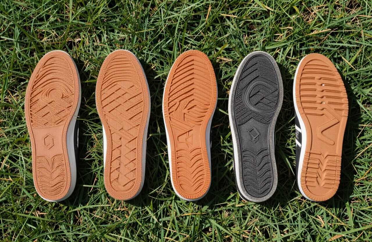 Overhead view of five different festival shoe soles on grass showing various tread patterns and designs.