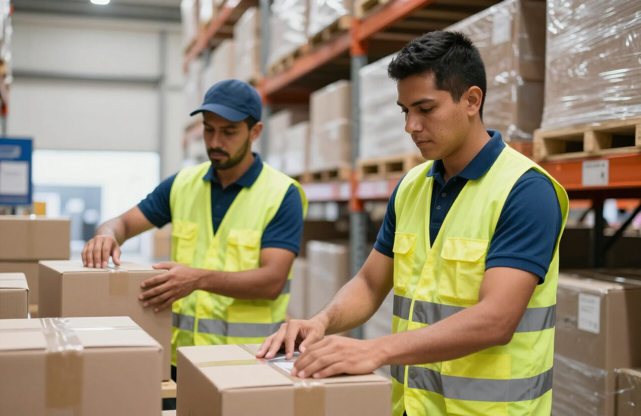 Trabajadores temporales organizando cajas en un centro de distribución en Colombia