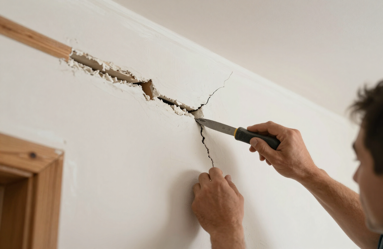 Plaster crack repair in an older home wall with detailed original wood trim nearby