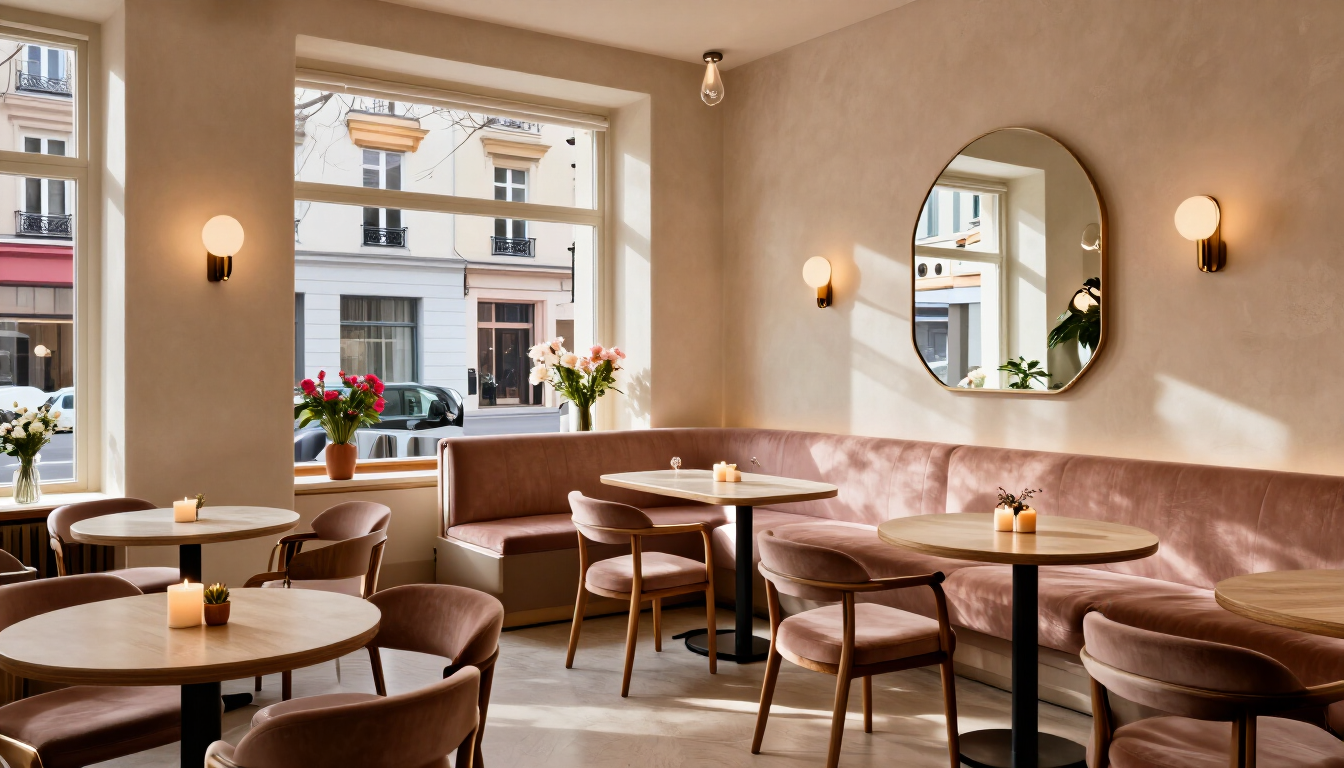 Romantisches Cafe Date mit warmem Licht, Blumen und gemütlichen Tischen für zwei
