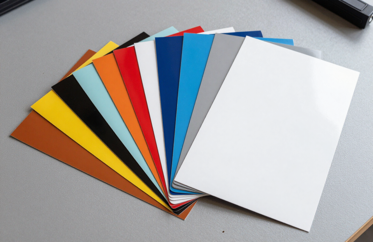 Reflective and matte vinyl material samples for heavy machinery decals